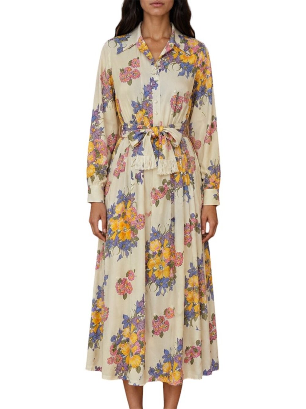 M Leslie Fay Vintage 70s Floral Prairie Maxi Dress Fringe Tie